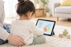 リビングのラグの上で、4歳くらいの子どもが座って無地のタブレットに指でふれている様子を後ろ斜めから写した写真