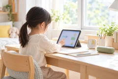 窓際の明るい机で、子どもがタブレットから適度に距離をとって座っている横からの遠景