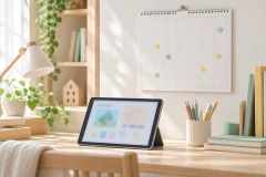 壁にかかった無地のカレンダーに丸いシールがいくつか貼られ、その手前の机に無地のタブレットと鉛筆立てが置かれている