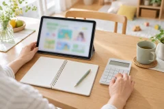 ダイニングテーブルの上に電卓、家計簿のようなノート、無地のタブレット、ボールペンが並び、保護者が費用を落ち着いて計算している手元の俯瞰写真