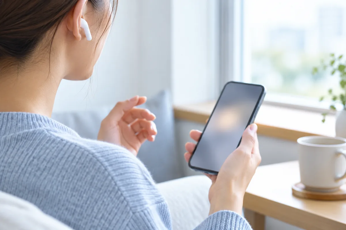 窓辺で片耳にワイヤレスイヤホンをつけ、スマートフォンを手に持つ手元と肩のあたり
