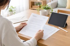 テーブルの上に閉じた無地の封筒と書類、電源を切った無地のタブレットと付属のペンが置かれ、大人の手が書類を確認している、手続きを落ち着いて確かめる雰囲気の写真