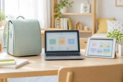 子ども部屋の机の上で、ランドセルの横にロゴのないグレーのノートパソコン型の学習用端末と家庭用の無地のタブレットが並び、学校の端末と家の端末を見比べている雰囲気の写真