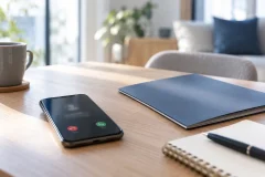 テーブルの上に置かれた着信中のスマートフォンと、表紙が無地の閉じたパンフレット、メモ帳が並ぶ写真