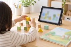 机の上に文字のない色とりどりの小さなブロック型のおもちゃと無地のタブレット、表紙のぼけた英語の絵本が置かれ、子どもの手がブロックを並べている手元の写真