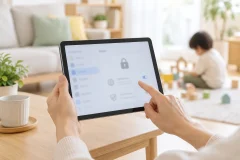 大人の手が無地のタブレットの設定画面を操作している手元のアップ