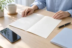 テーブルの上に、2つ折りの契約書と万年筆、表紙が無地のパンフレット、画面の消えたスマートフォンが並ぶ